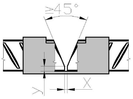 Obr. 6.1.3. Oboustranný tupý poloviční V-svar na podložce Obr. 6.1.4. Jednostranný tupý V-svar Legenda: x- mezera v kořeni y- výška otupení Poznámka: x a y závisí na metodě svařování 6.2.