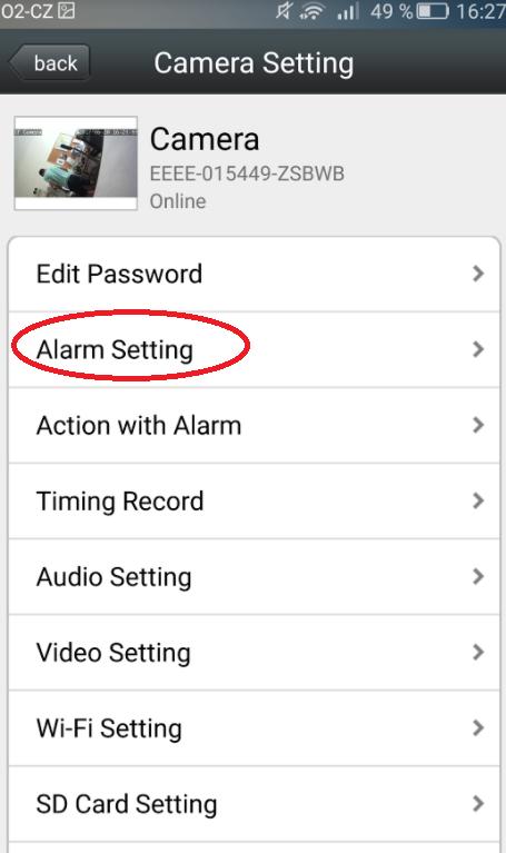 Nastavení alarmu (detekce pohybu) Pro nastavení detekce pohybu klikněte na možnost Alarm Setting. Detekci aktivujete u položky Motion Detection vybráním možnosti ON.