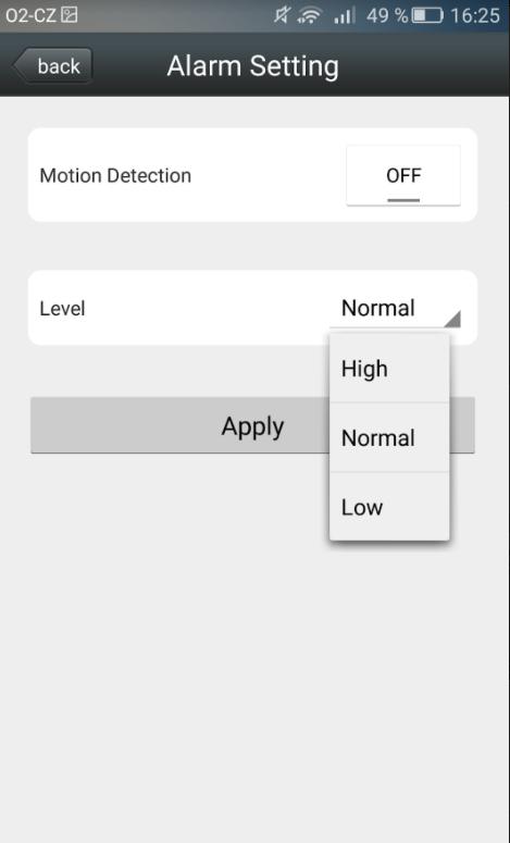 Nastavení akcí při alarmu V menu nastavení kamery vybereme Action with Alarm Tady můžeme nastavit co má kamera dělat, když se spustí alarm.