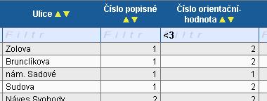 Filtrování je možné v každém sloupci. Kritéria lze zadat i v několika sloupcích najednou. K filtrování je možné využít matematické znaky.