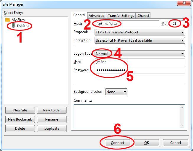 Now give name to the new location, e.g. tiskárna ( printing plant ) (item 1). Then fill in the Host address, which is ftp3.mafra.