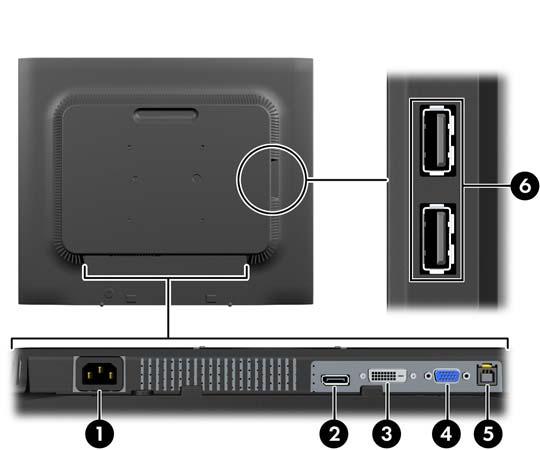 Komponenty na zadní straně Komponenta 1 Konektor napájení střídavým proudem Funkce Připojuje napájecí kabel střídavého proudu k monitoru 2 DisplayPort Připojuje kabel DisplayPort k monitoru (pouze ve