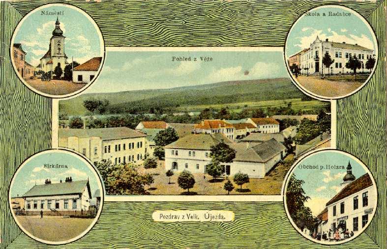 Sirkárna Hynka Hausnera ve Velkém Újezdě se - zřejmě jako důležitý podnik města - objevila také na dobové pohlednici (vlevo dole).
