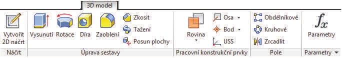 43 I v sestavách lze pracovat s vytvářením nových rovin či například os, které jsou potom vázány pomocí vazeb. Osy a další prvky lze vytvářet rovnou i při modelování prvků.