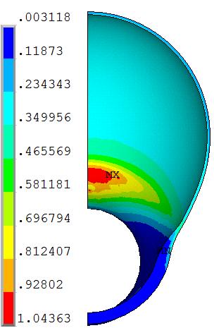Obrázek 5.8: Napětí HMH zatížené získané geometrie [M P a]. získané geometrie je tenčí profil - dochází k většímu přetvoření.