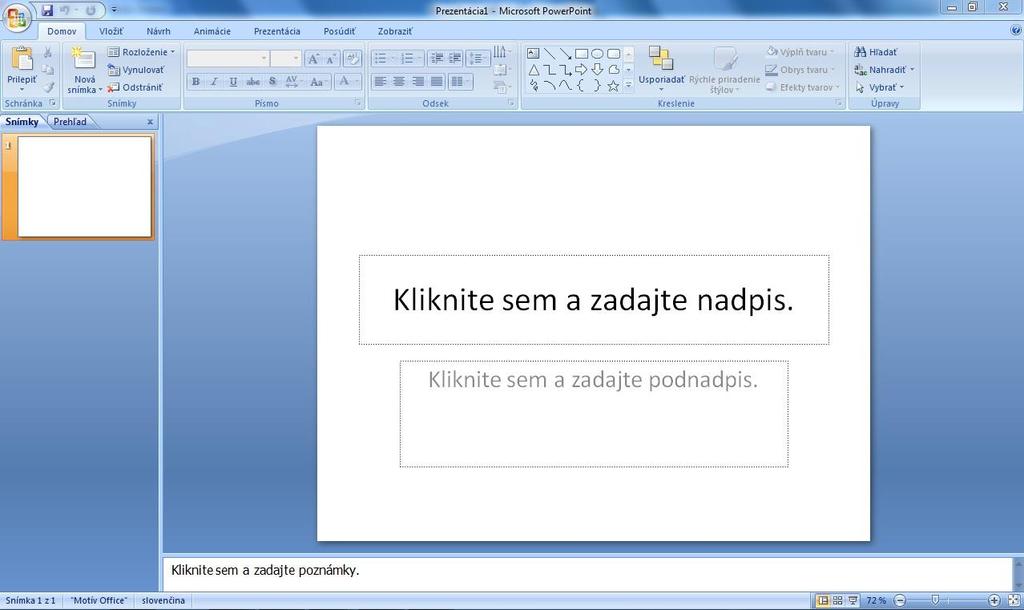 1. PRÁCA SO SÚBOROM Pracovná plocha Karty s nástrojmi Tabla snímky Tabla snímok Tabla poznámok v normálnom zobrazení Panel pre nastavenie