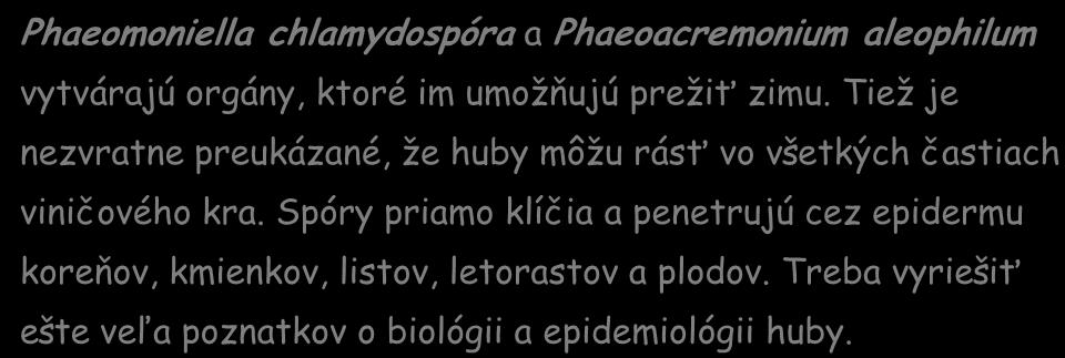 Šírenie choroby Phaeomoniella chlamydospóra a Phaeoacremonium aleophilum vytvárajú orgány, ktoré im umožňujú prežiť zimu.