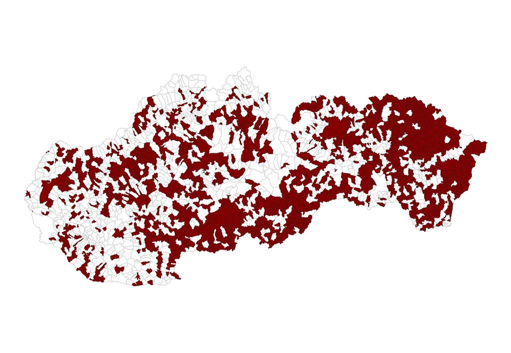 Mapa 1: Priestorové rozmiestnenia malých obcí do 1000 obyvateľov na Slovensku (k 31.12.
