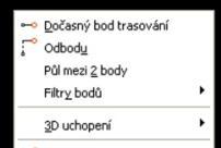 6.3.19 FILTRY BODŮ Kombinací hodnot x, y a z pomocí jiných bodů můžeme vybrat jeden bod. Příkaz je přístupný pouze z kontextové nabídky: 6.3.19.1 POUŽITÍ Při zobrazení výzvy k umístění bodu můžete pomocí bodových filtrů určit jednu souřadnici extrahováním hodnot x, y a z z několika bodů.