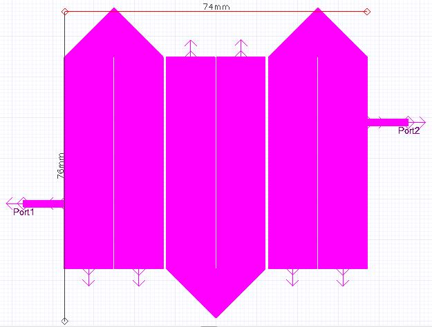 Obr. 2.15: Navržený Hairpin filtr s přibližnými rozměry Šířka i délka celé struktury je 74x76mm. Filtr je i po úpravě rozměrů stále příliš velký a pro zadanou pracovní frekvenci se nehodí.