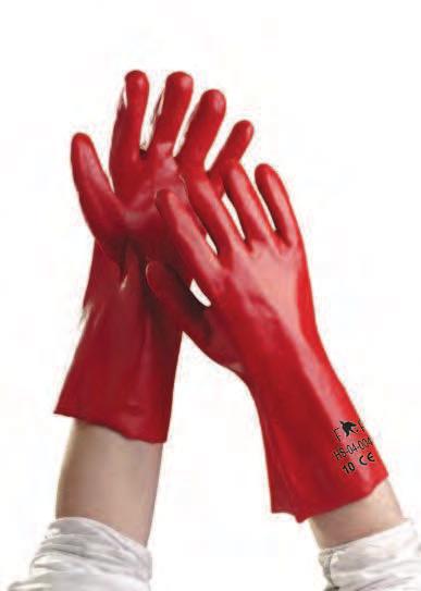 prstech. Czerwone rękawice szyte z bawełnianej dzianiny, częściowo pokryte PVC, z elastycznym ściągaczem.