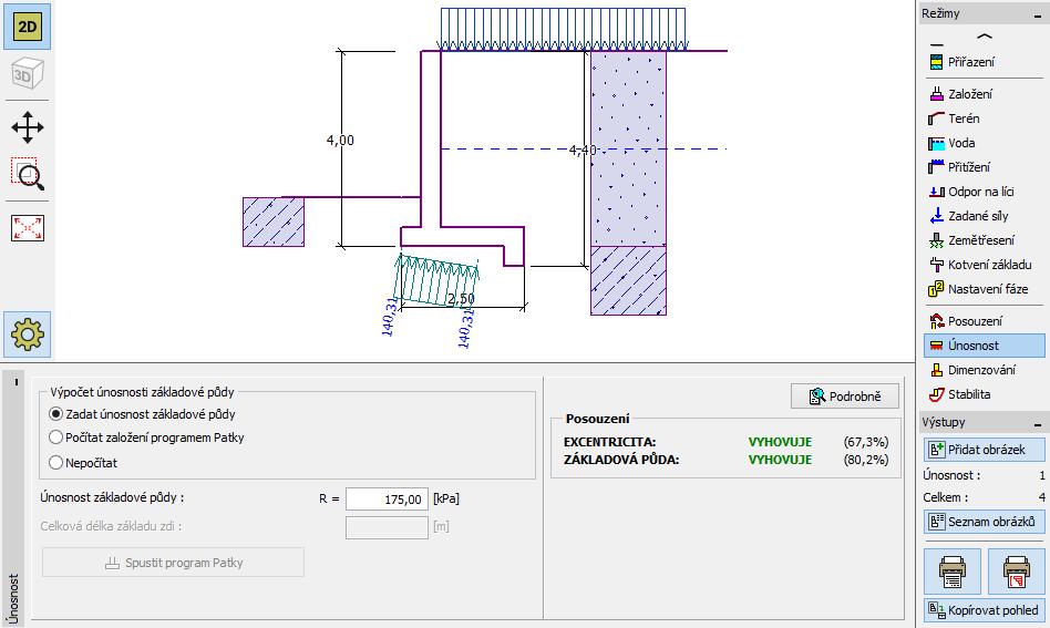V dalším kroku provedeme posouzení únosnosti základové půdy na návrhovou únosnost základové půdy 175 kpa.