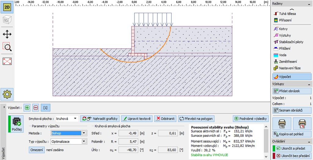 Poté přejdeme do rámu Stabilita a posoudíme celkovou stabilitu zdi. V našem případě vybereme nejběžnější metodu výpočtu: Bishop.