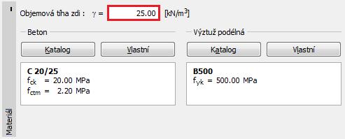 V dalším kroku zadáme materiálové charakteristiky zdi objemovou tíhu 25 kn třídu betonu C 20/25 a