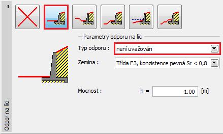 V rámu Odpor na líci zvolíme tvar terénu před zdí a poté definujeme parametry odporu na líci konstrukce.