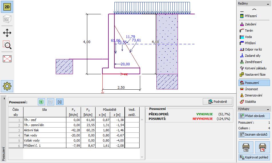 Nyní přejdeme do rámu Posouzení, kde spočítáme výsledky pro úhlovou zeď na její překlopení a posunutí.