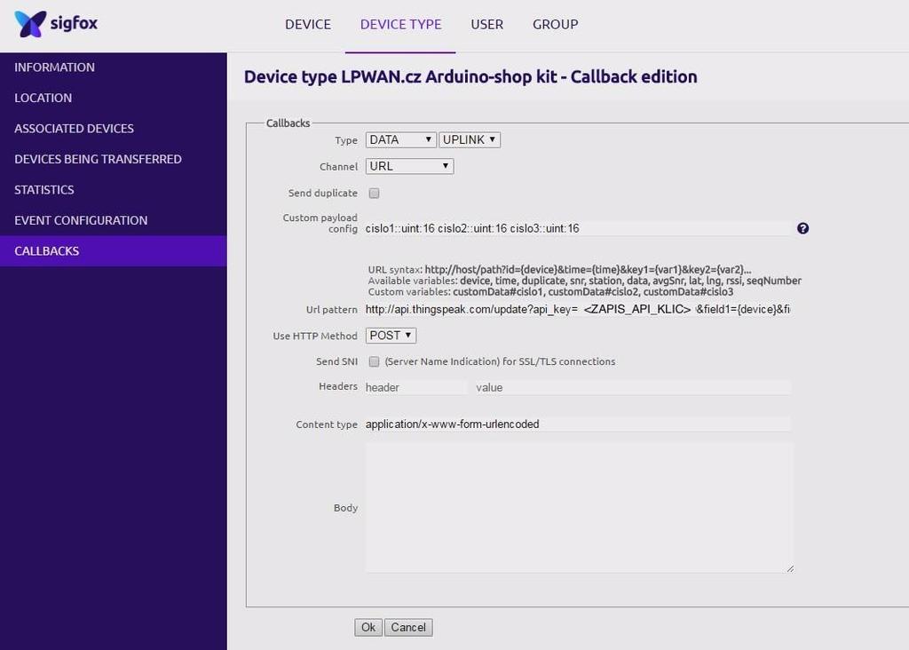 Po nahrání programu do Arduino desky s připojeným Sigfox modemem je nutné nastavit správně zpracování dat na straně Sigfox webu, které se provádí v menu Callback.