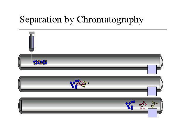 Chromatografie - základní rozdělení Dle povahy mobilní fáze: kapalinová chromatografie (MF kapalina) plynová chromatografie (MF plyn) Dle uspořádání stacionární fáze: kolonová chromatografie (SF je