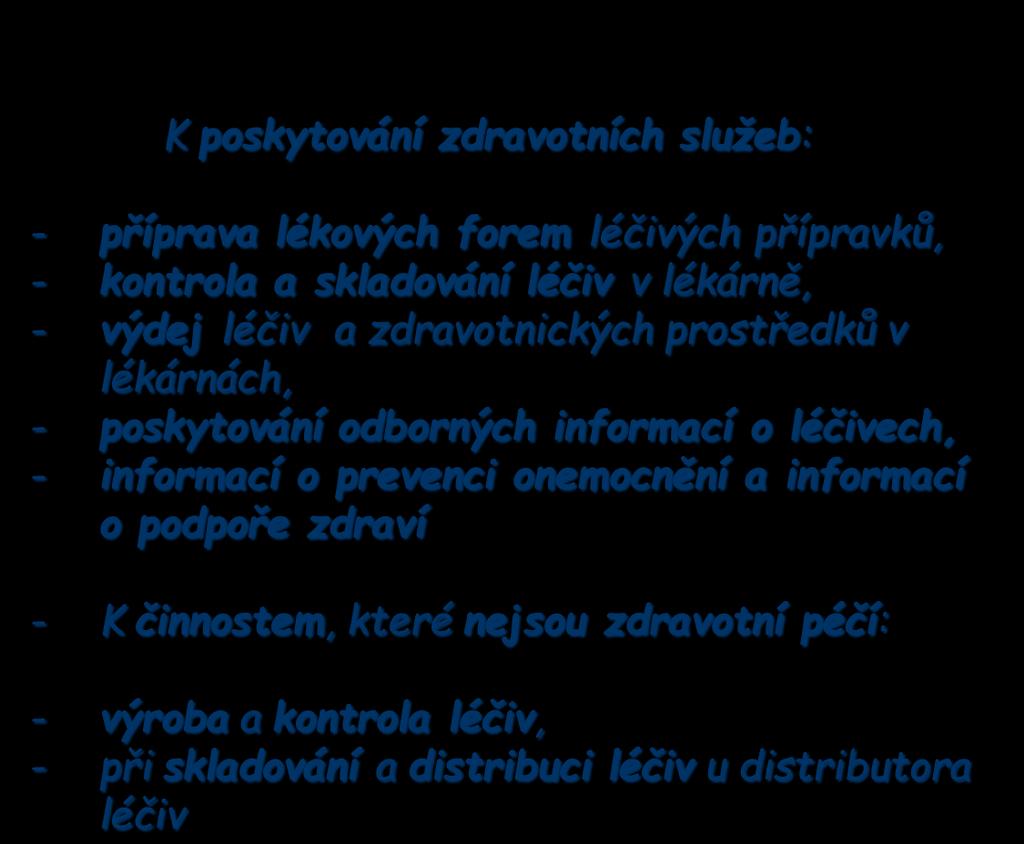 Odborná způsobilost lékárníka K poskytování zdravotních služeb: - příprava lékových forem léčivých přípravků, - kontrola a skladování léčiv v lékárně, - výdej léčiv a zdravotnických prostředků v