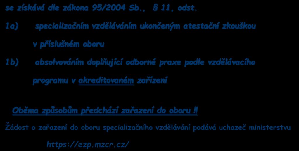 Specializovaná způsobilost farmaceuta se získává dle zákona 95/2004 Sb., 11, odst.