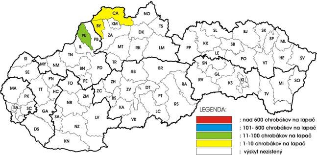 Obrázok 5 Maximálne odchyty lykožrúta severského do lapačov v roku 2001 a 2002.