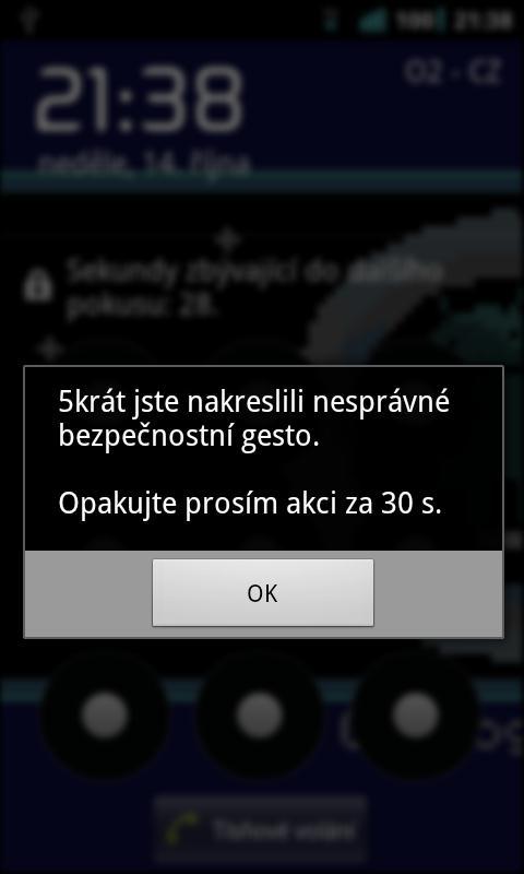 Obrázek 6: Výstraha při podezřelém množství špatně zadaných gest Po potvrzení modálního okna není telefon