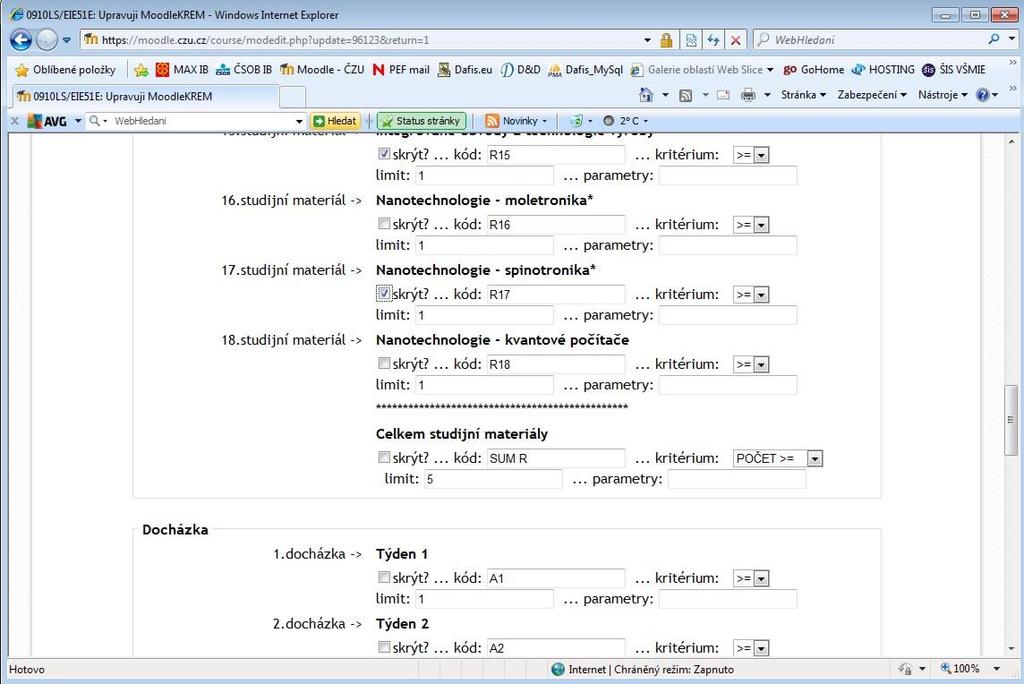 U každéh dílčíh i suhrnnéh prvku (studijníh materiálu, dcházky či testu) lze nastavit následující parametry: Skrýt - zaškrtávací vlba, zda bude příslušný prvek sučástí mdelu průchdu kurzem Kód -