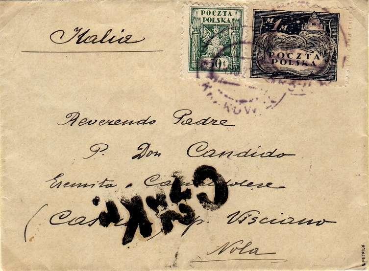 - 18 - Zásilka poslaná z Krakova 10 do Itálie s cenzurním razítkem Czr.Kr. s ležmou dvojkou nad nápisem.