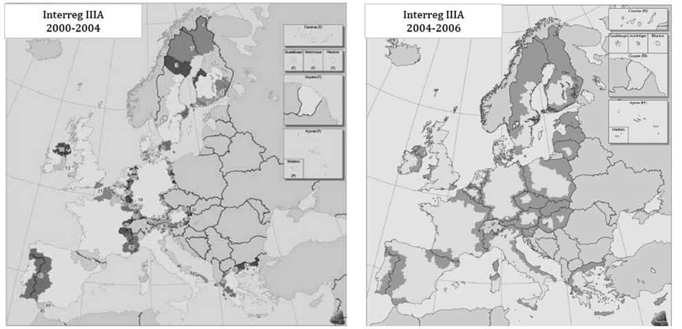 Obr. 1 Programy INTERREG IIIA před a po rozšíření EU v roce 2004 Zdroj: Regional Policy Inforegio: http://ec.europa.eu/regional_policy/index_en.htm.