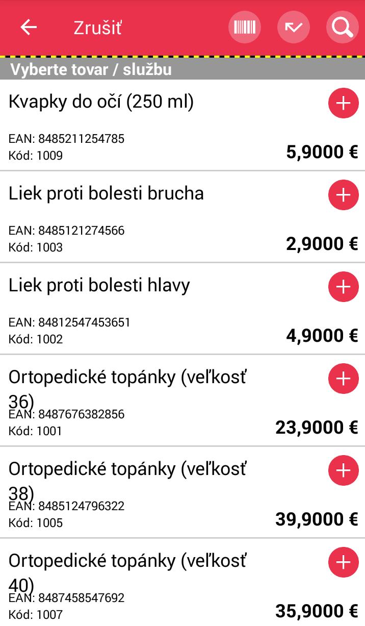 Strana 33 / 93 Obrázok 18: Náhľad pokladničného dokladu a výber tovaru / služby do dokladu 1.