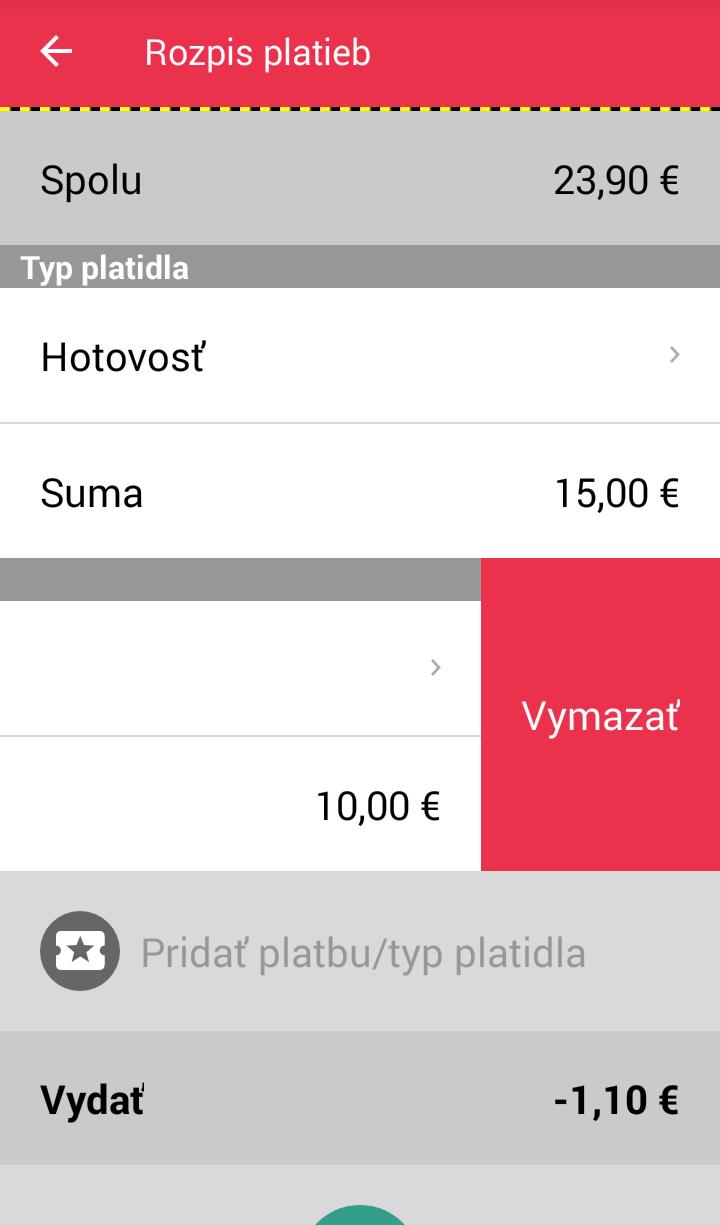 Systém zobrazuje pod celkovou sumou dokladu zadaný rozpis platieb a sumu na vrátenie ak je obnos prijatých finančných