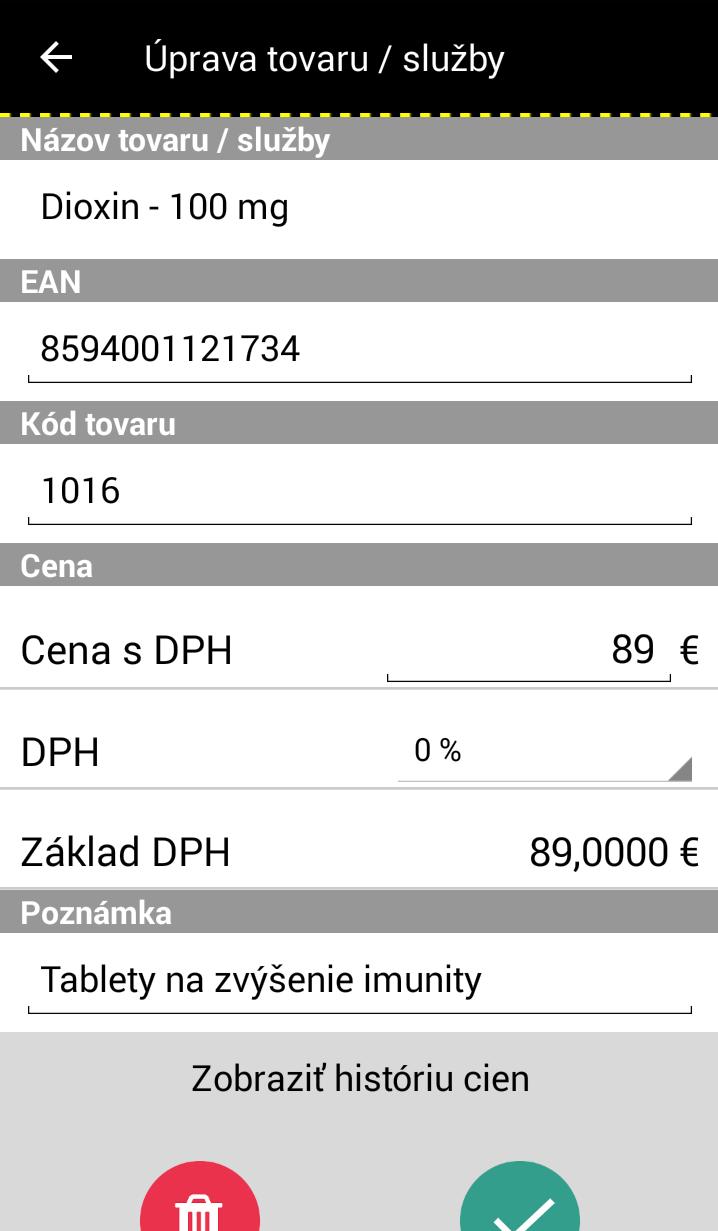 Strana 74 / 93 - Zobraziť históriu cien: kliknutím na tlačidlo Zobraziť históriu cien. Zobrazí sa história zvoleného tovaru / služby.