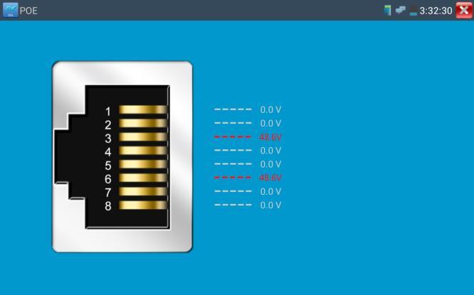 4.0. PoE test Pro testovaní typu PoE (počet napájecích páru, aktuální odběr atd.) slouží aplikace. Pro tento test zapojte prosím tester do LAN cesty k od napájecího PSE k napájenému PoE zařízení.