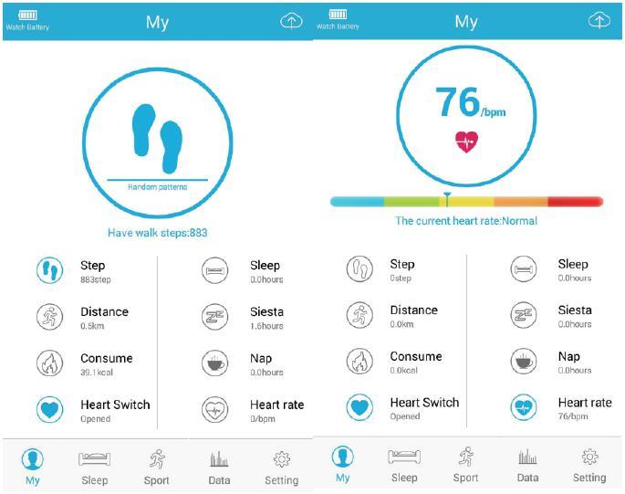 Popis funkcí Rozhraní Můj status ( My Status ) zobrazuje veškerý pohyb, data k monitorování spánku a aktuální hodnoty.