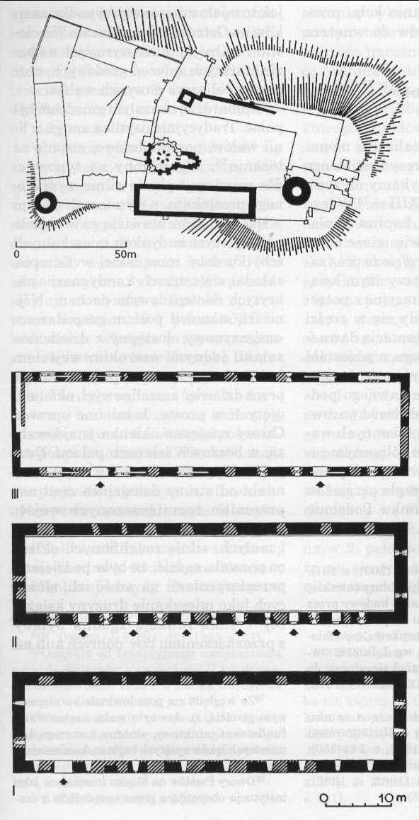 Obr. 5. Dispozice lehnického hrad v 1. pol. 13. stol a plán I.-III.