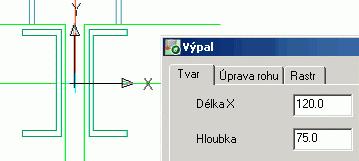 Vyberte nosník (v našem příkladě sloup) pro modifikaci u příslušného konce. Vytvoří se výpal a objeví se dialog s vlastnostmi.