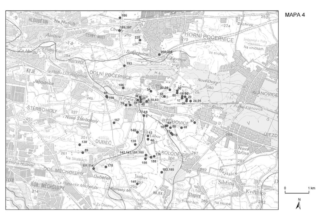 Mapa 4. Východní okraj Prahy a okolí. Nálezy J.