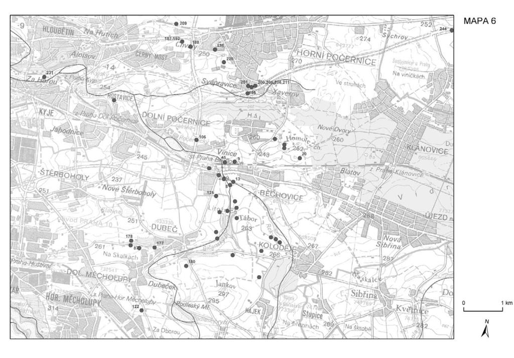 Mapa 6. Východní okraj Prahy a okolí. Nálezy J.