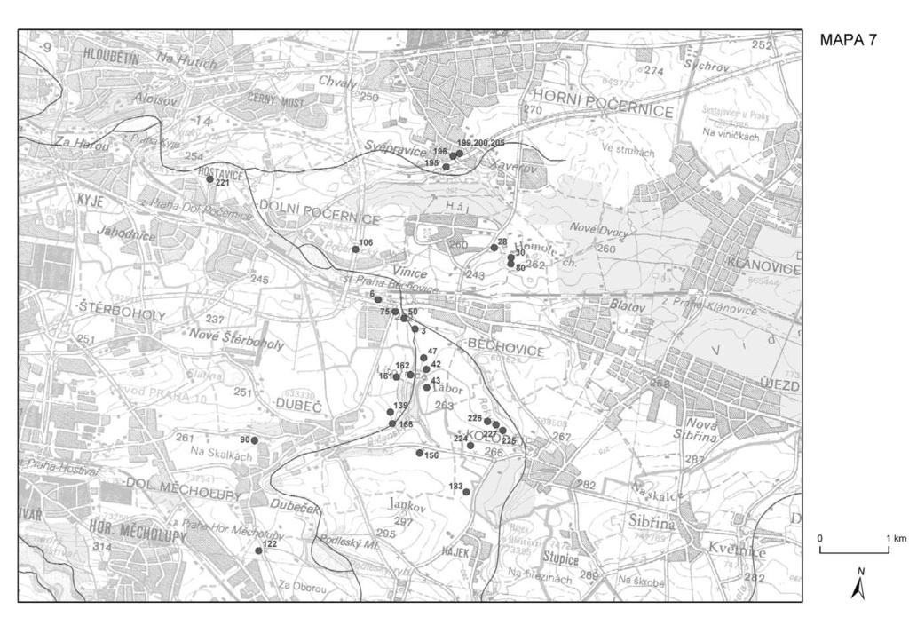 Mapa 7. Východní okraj Prahy a okolí. Nálezy J.