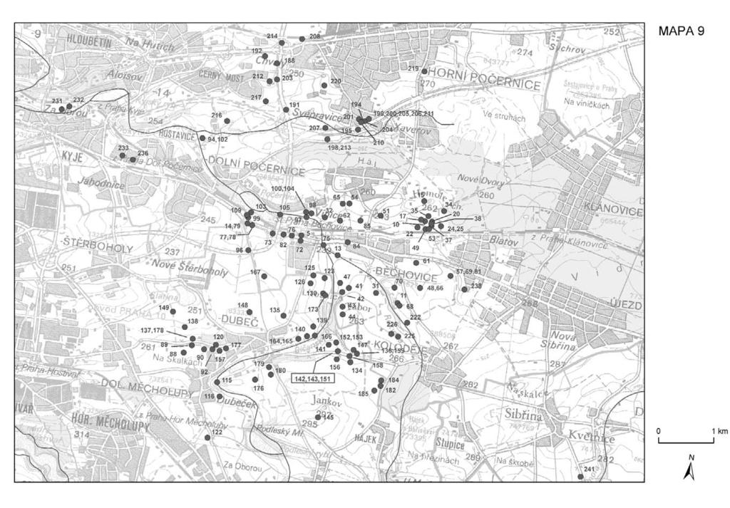 Mapa 9. Východní okraj Prahy a okolí. Nálezy J.