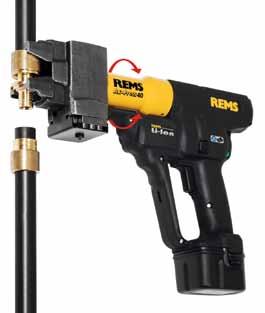 REMS Ax-Press 40 Akumulátorový axiální lis Kompaktní, praktický elektrický nástroj pro výrobu spojení tlakovými kroužky se svěrným kroužkem. Technologie Li-Ion. Pro akumulátorový a sít ový provoz.