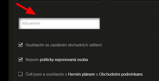 7. Do kolonky Kód partnera se uvádí partnerský kód toho, kdo Vám