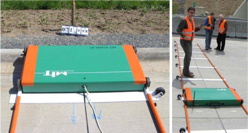 4.8.3 Srovnávací měření georadaru se zařízením MIT-Scan-2 Do výsledků měření in situ je zahrnuto také porovnání dvou nedestruktivních metod, které bylo v ČR provedeno poprvé na pracovní spáře dálnice