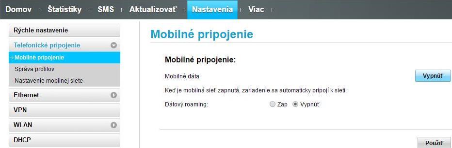 6. Zapnutie mobilného dátového pripojenia v domácej sieti a roamingu: Nastavenia (hlavné horné horizontálne menu) Telefonické pripojenie (ľavé vertikálne menu) Mobilné pripojenie: Voľbu potvrďte