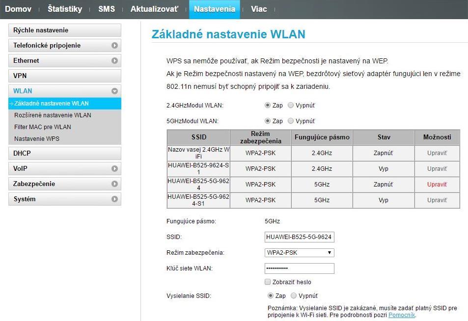5. Detailné nastavenie siete WLAN (Wi-Fi) Nastavenia (hlavné horné horizontálne menu) WLAN (ľavé vertikálne menu) Základné