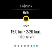 3. Dalším tažením doleva zobrazíte další plánované tréninky. >> 4. Dvojím klepnutím na obrazovku opustíte zobrazení plánovaných tréninků a vrátíte se na časový displej.