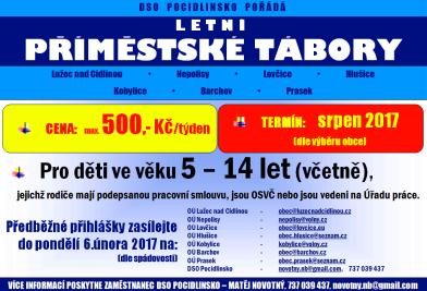 PŘÍMĚSTSKÉ TÁBORY V rámci meziobecní spolupráce, kterou se mimo jiné DSO POCIDLINSKO zabývá, se nachází možnost, jak vyjít pracujícím rodičům vstříc a o jejich děti se v době prázdnin postarat.