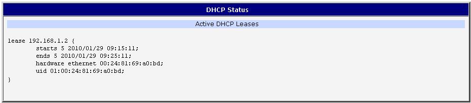 4.2. DHCP status Informace o IP adresách, které přidělil DHCP server routeru, lze nalézt v menu v položce DHCP: lease 19