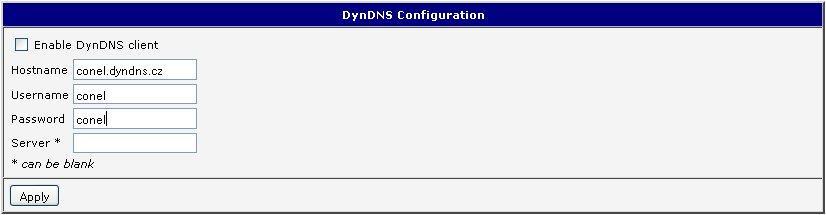 4.16. Konfigurace DynDNS klienta Konfiguraci DynDNS klienta lze vyvolat volbou položky DynDNS v menu. V okně lze definovat doménu třetího řádu registrovanou na serveru www.dyndns.