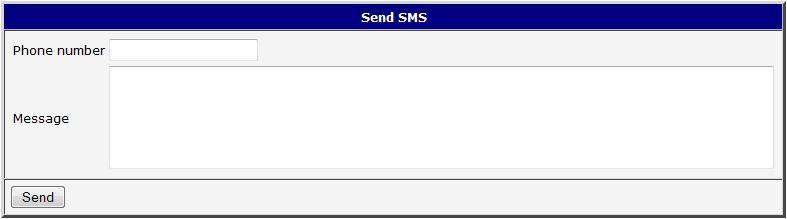 4.30. Poslání SMS zprávy Poslání SMS zprávy je možné v okně Send SMS. Po vložení telefonního čísla příjemce (Phone number) a textu SMS zprávy (Message) se zpráva odešle pomocí tlačítka Send.
